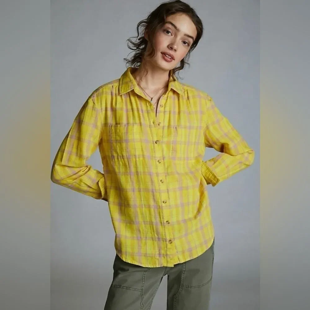 Anthropologie Seen Worn Kept Romy Yellow Plaid Relaxed Button-down Shirt Sz 10